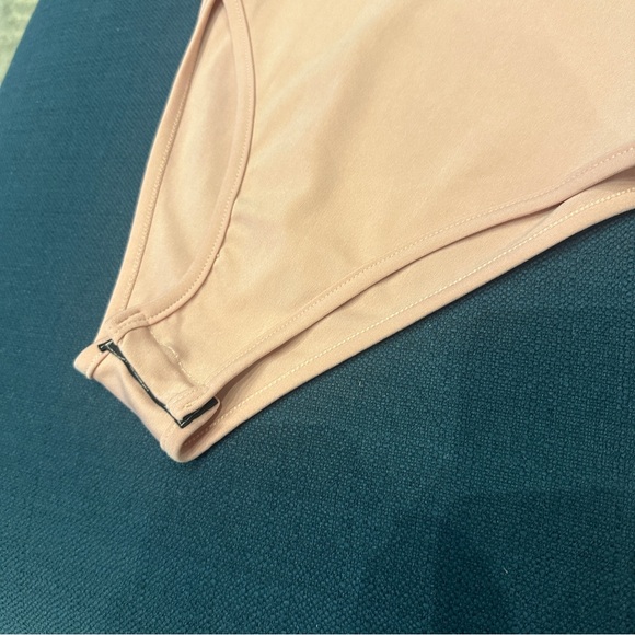 Light pink Privé Surplice Neck Contrast Mesh Wrap Bodysuit - Picture 5 of 7